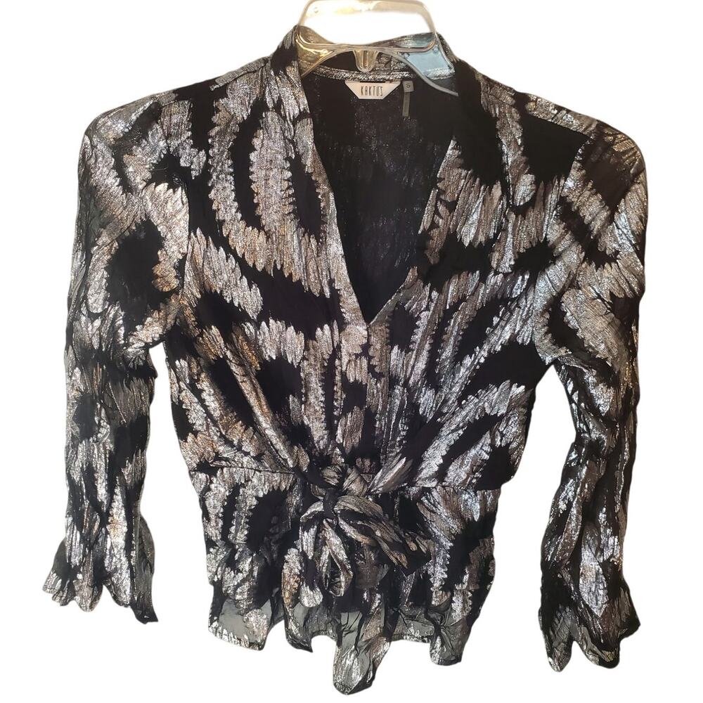 Kaktus Tie Front Metallic V-Neck Blouse, Small
